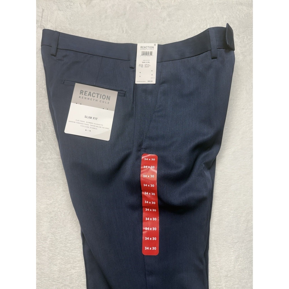 Kenneth Cole Reaction Men's Slim-Fit Dress Pants 34X30 Blue Flat Front Tapered